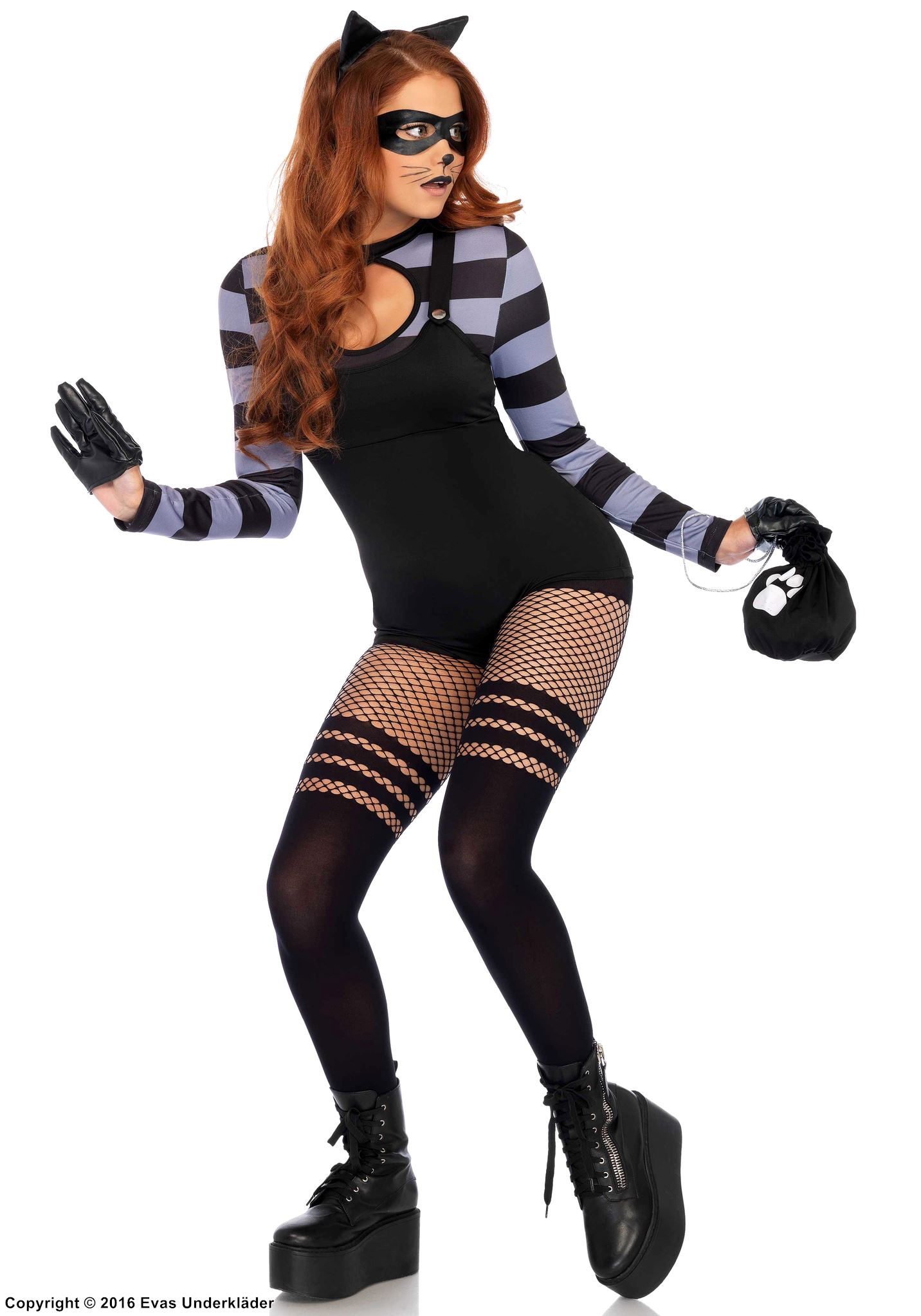 Cat burglar (woman), costume romper, long sleeves, suspenders, keyhole, tail, horizontal stripes